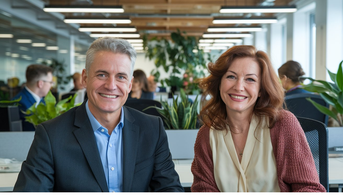 A male and female office worker under artificial light smiling